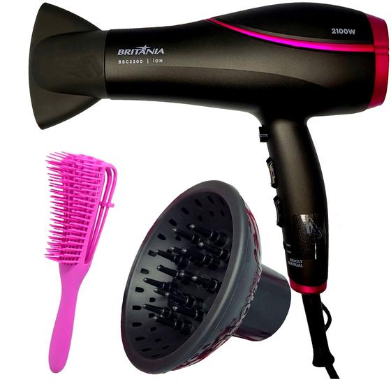 Imagem de Secador De Cabelo Britania Profissional 2100w Ions Tourmaline Ar Quente Frio Bivolt Com Difusor De Cachos Escova Polvo