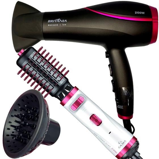 Imagem de Secador De Cabelo Britania Profissional 2100w Ions Tourmaline Ar Quente Frio Bivolt Com Difusor De Cachos Escova Rotativa Gama Italy 2300 Giratória