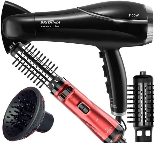 Imagem de Secador De Cabelo Britania Profissional 2100w Ions Tourmaline Ar Quente Frio Bivolt Com Difusor De Cachos Escova Rotativa Gama Italy 2600 Turbo 