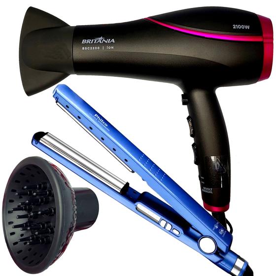 Imagem de Secador De Cabelo Britania Profissional 2100w Ions Tourmaline Ar Quente Frio Bs21 Difusor de Cachos Prancha Titanium 230ºc Ultra