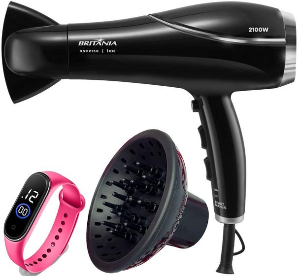 Imagem de Secador De Cabelo Britania Profissional 2100w Ions Tourmaline Ar Quente Frio Bs22 Bivolt Com Difusor de Cachos Relógio Led