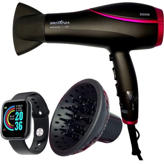 Imagem de Secador De Cabelo Britania Profissional 2100w Ions Tourmaline Ar Quente Frio Bs22 Bivolt Com Difusor De Cachos Smartwatch Relógio