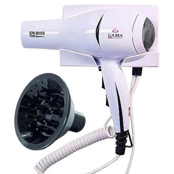 Imagem de Secador De Cabelo Gama Italy 2000w Ions Quente Frio Suporte Fixo Parede Banheiro Hotel Motel Pousada Academia Antifurto Com Difusor De Cachos