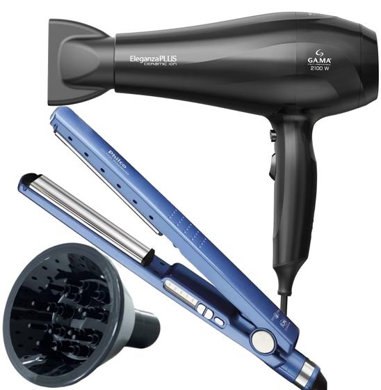 Imagem de Secador De Cabelo Gama Italy 2100w Ions Profissional Motor Ac Eleganza Difusor De Cachos Prancha Titanium 230ºc Progressiva Ultra