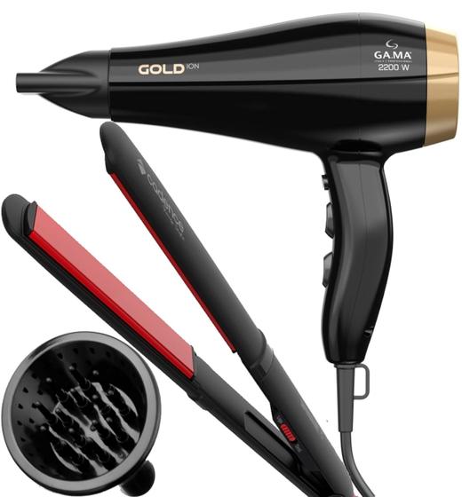 Imagem de Secador De Cabelo Gama Italy 2200w Ions Profissional Motor Ac Goldy OLeo Argan Difusor Cachos Prancha Cerâmica Style 210c