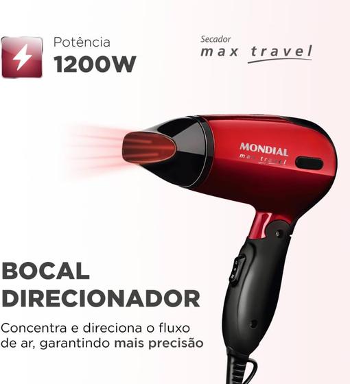 Imagem de Secador de Cabelo Mondial Max Travel SC-10 Vermelho - e Preto 1200W 2 Velocidades