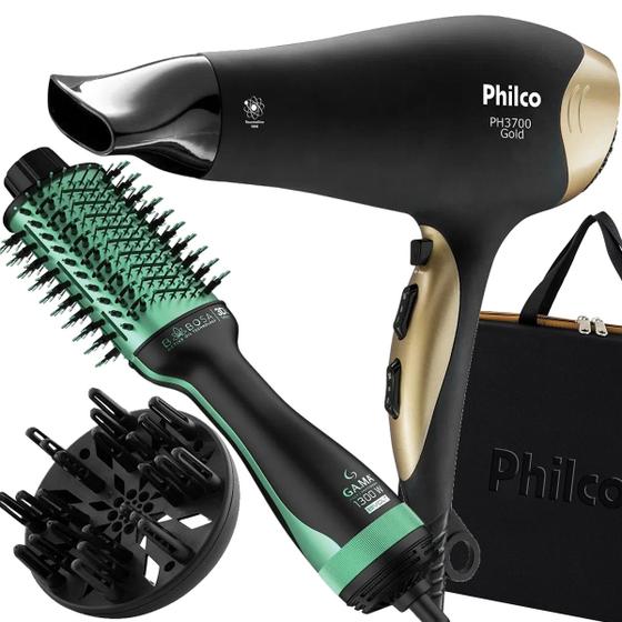 Imagem de Secador De Cabelo Philco 3700 Golden Ion Emborrachado 2100w Ar Quente Frio Preto Com Maleta Difusor Escova Alisadora Gama Italy 4 Em 1 1300w Babosa