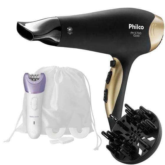 Imagem de Secador De Cabelo Philco 3700p Ion Emborrachado 2200w Quente Frio Difusor Cachos Depilador Gama Italy 2 Em 1 Look