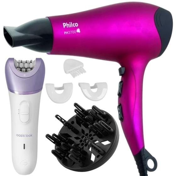 Imagem de Secador De Cabelo Philco 3700r Ion Emborrachado 2100w Ar Quente Frio Rosa Difusor Cachos Depilador Gama Italy 2 Em 1 Look