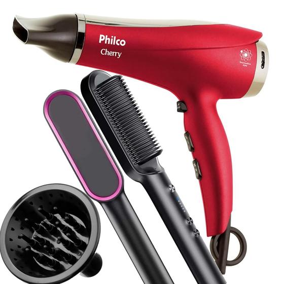 Imagem de Secador De Cabelo Philco Cherry 2100w Ions Ar Quente e Frio Difusor Cachos Escova Eletrica Escova Secadora Alisadora 2 Em 1 Hq