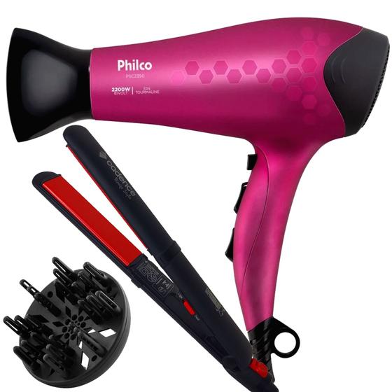 Imagem de Secador De Cabelo Philco Profissional 2200w Ions Ar Quente Frio 3700p Com Difusor De Cachos Prancha Cerâmica Style 210ºc Bivolt 