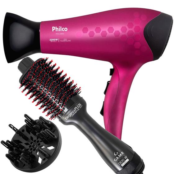 Imagem de Secador De Cabelo Philco Profissional 2200w Ions Ar Quente Frio Bivolt Com Difusor De Cachos Escova Gama Italy Alisadora Secadora 5 em 1 Cerdas Duplas