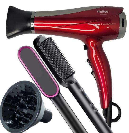 Imagem de Secador De Cabelo Philco Profissional 2200w Ions Ar Quente Frio Chery Com Difusor De Cachos Escova Alisadora 2 em 1