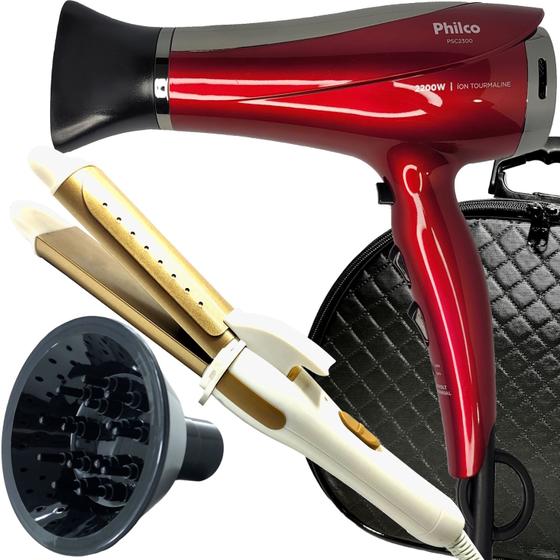 Imagem de Secador De Cabelo Philco Profissional 2200w Ions Ar Quente Frio Chery Com Difusor De Cachos Modelador 2x1 Maleta