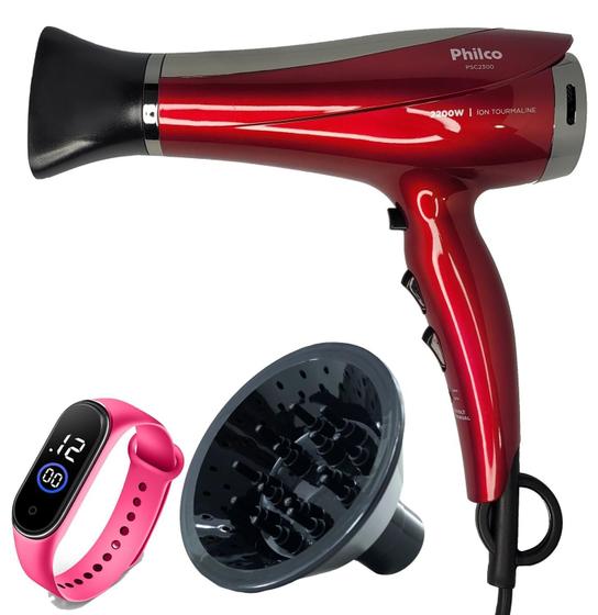 Imagem de Secador De Cabelo Philco Profissional 2200w Ions Ar Quente Frio Chery Com Difusor De Cachos Relógio Led