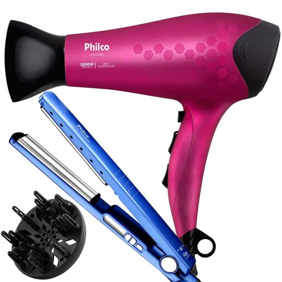 Imagem de Secador De Cabelo Philco Profissional 2200w Ions Ar Quente Frio Stilo Bivolt Com Difusor Cachos Prancha Titanium 230ºc Progressiva Digital Ultra