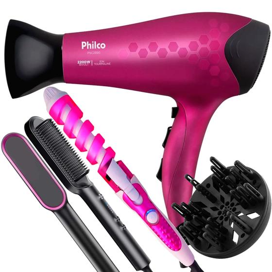 Imagem de Secador De Cabelo Philco Profissional 2200w Ions Ar Quente Frio Stilo Com Difusor De Cachos Escova Alisadora 2 em 1 Modelador Cacheador Nova