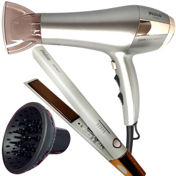 Imagem de Secador De Cabelo Philco Profissional 2600 Ions Tourmaline Ar Quente Frio 2100w Com Difusor De Cachos Prancha Titanium Star Digital 230ºc