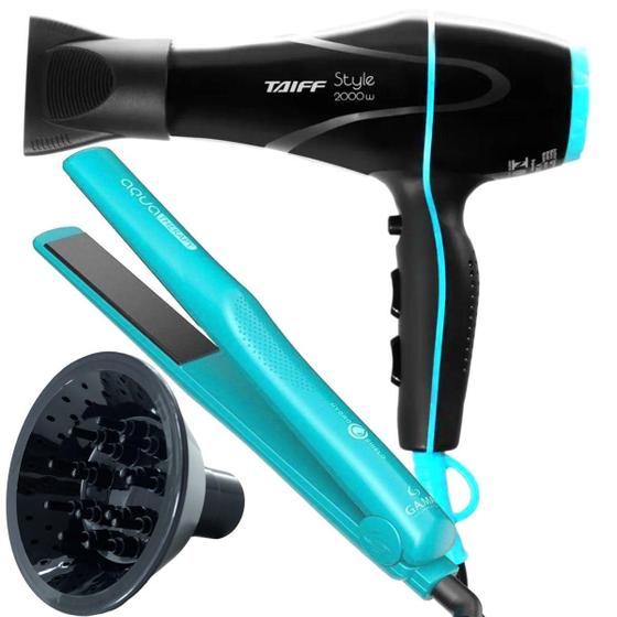 Imagem de Secador De Cabelo Taiff 2000w Ions Profissional Ar Quente Frio Preto Difusor De Cachos Prancha Gama Italy Ceramica 210ºc