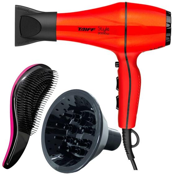 Imagem de Secador De Cabelo Taiff 2000w Ions Profissional Ar Quente Frio Vermelho Com Difusor Cachos Escova Flex