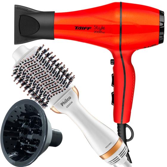 Imagem de Secador De Cabelo Taiff 2000w Ions Profissional Ar Quente Frio Vermelho Com Difusor Cachos Escova Secadora Alisadora Philco 4 Em 1 1300w Branca Solf