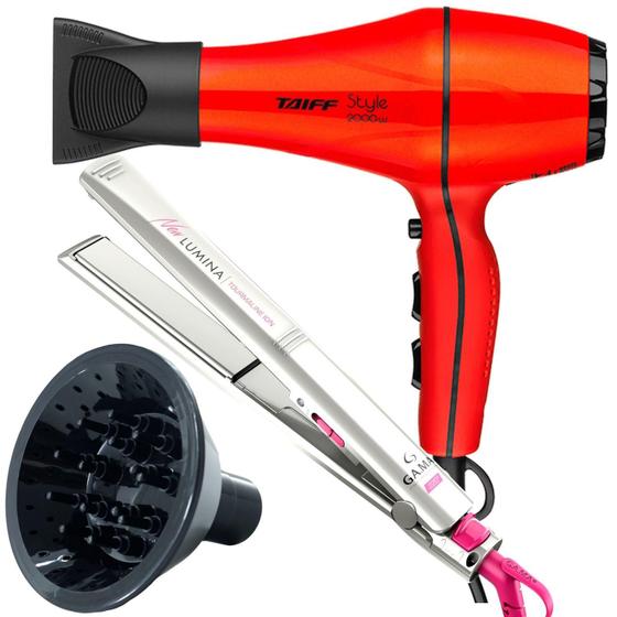 Imagem de Secador De Cabelo Taiff 2000w Ions Profissional Ar Quente Frio Vermelho Com Difusor De Cachos Prancha Gama Italy Ceramica 430ºf News