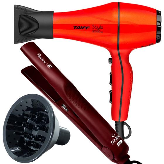 Imagem de Secador De Cabelo Taiff 2000w Ions Profissional Ar Quente Frio Vermelho Difusor Cachos Prancha Gama Italy Ceramica 430f Passione