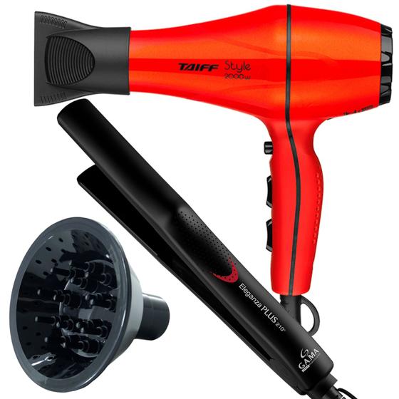 Imagem de Secador De Cabelo Taiff 2000w Ions Profissional Ar Quente Frio Vermelho Difusor Cachos Prancha Gama Italy Ion Plus Ceramica 410ºf