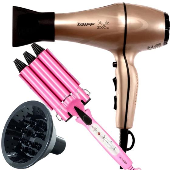 Imagem de Secador De Cabelo Taiff Profissional 2000w Ar Quente Frio Dourado Motor Ac Com Difusor De Cachos Modelador Cachos Triondas Profissional Cacheador Rosa