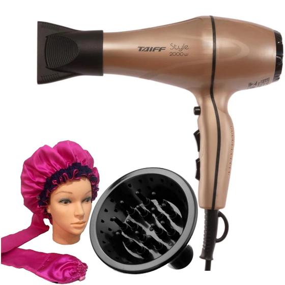 Imagem de Secador De Cabelo Taiff Profissional 2000w Ar Quente Frio Dourado Motor Ac Com Difusor De Cachos Touca Cetim Difusora