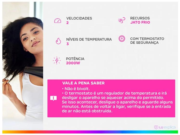 Secador de cabelo Taiff Style com infográfico de características e uma mulher ao fundo