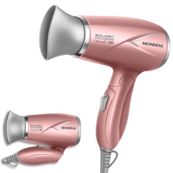 Imagem de Secador de Cabelos Mondial Golden Rose 1200w c/ Tourmaline Íons Mini Portátil p/ Viagem