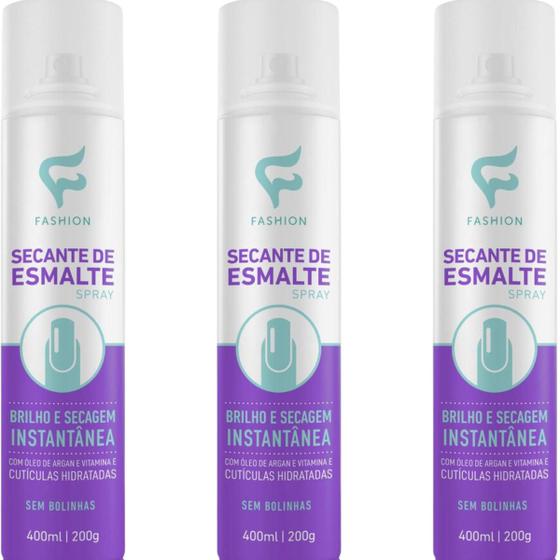 Imagem de Secante de Esmalte Fashion Brilho e Secagem Instantânea Spray 400ml Kit 3 Unidades