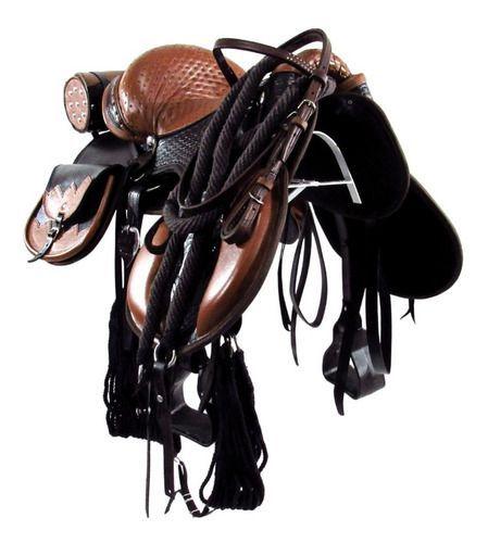 Imagem de Sela Pra Cavalo Australiana Profissional Entalhada Completa Marrom e Caramelo Luxo