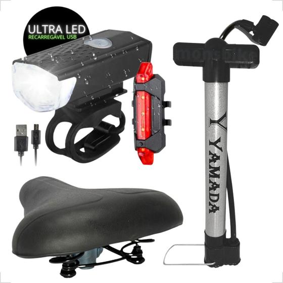 Imagem de Selim Bicicleta Banco Molas Confortável + Kit Luz Bike Farol e Lanterna Led + Bomba de Ar