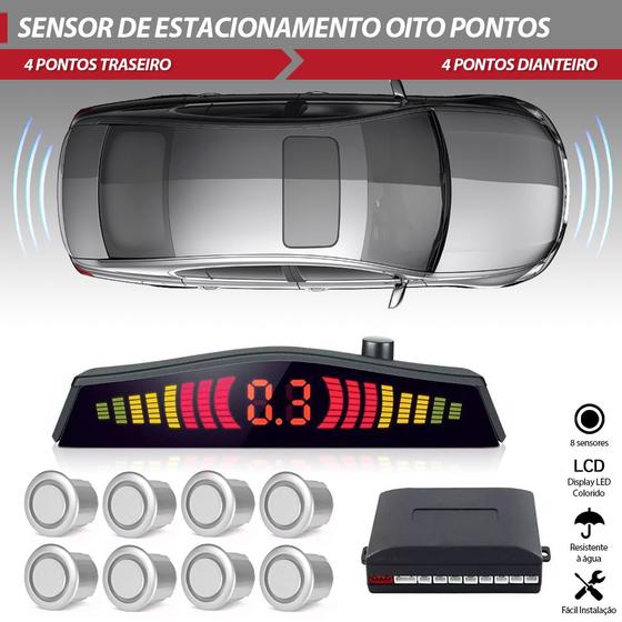 Imagem de Sensor de Estacionamento Dianteiro e Traseiro Prata Nissan March 2011 2012 2013 2014 Frontal Ré 8 Oito Pontos Aviso Sonoro Distância