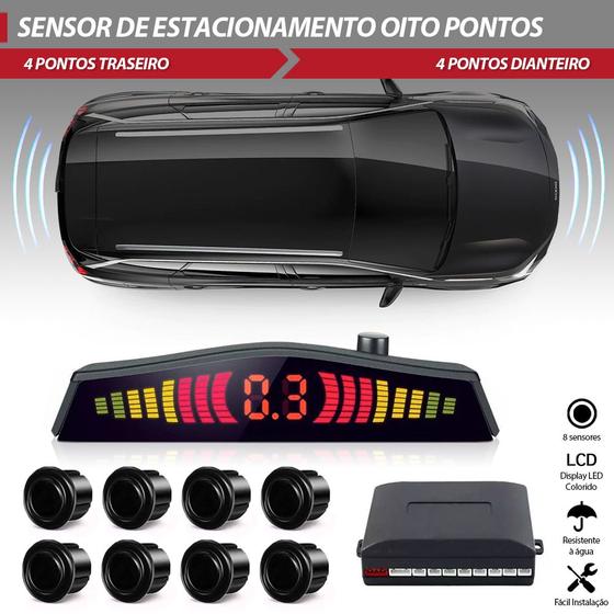 Imagem de Sensor de Estacionamento Dianteiro e Traseiro Preto Fiat Palio G4 2008 2009 2010 2011 2012 Frontal Ré 8 Oito Pontos Aviso Sonoro Distância