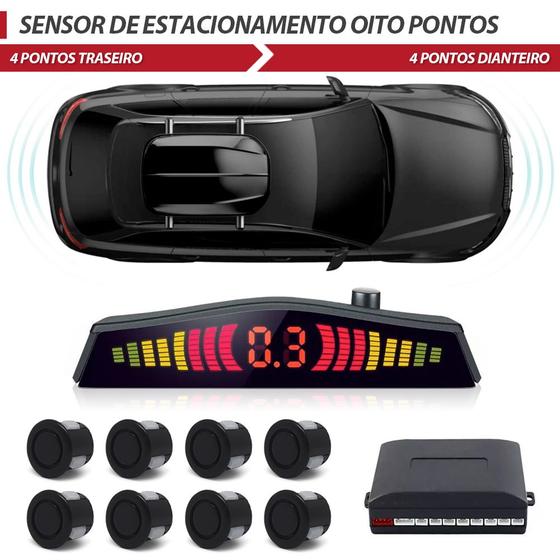 Imagem de Sensor de Estacionamento Dianteiro e Traseiro Preto Fosco Chevrolet Prisma 2013 2014 2015 2016 Frontal Ré 8 Oito Pontos Aviso Sonoro Distância