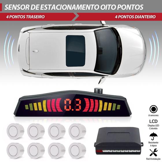 Imagem de Sensor Dianteiro e Traseiro Branco Chevrolet Celta 2011 2012 2013 2014 Estacionamento Frontal Ré 8 Oito Pontos Aviso Sonoro Distância