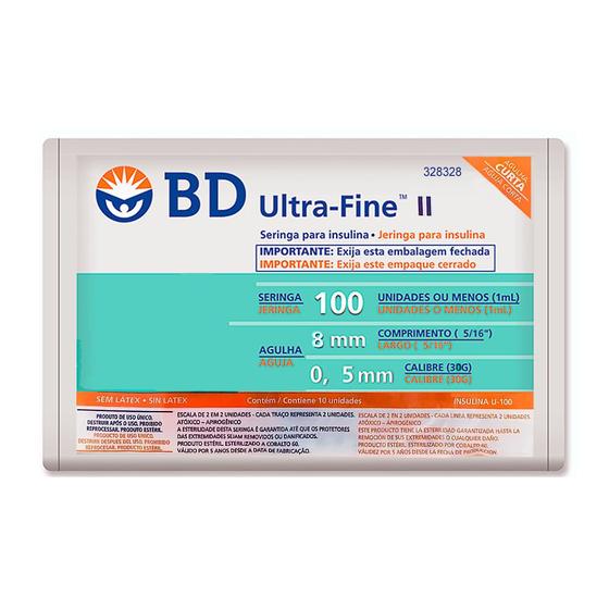 Imagem de Seringa BD Ultra-Fine Insulina 100U Agulha Curta 8mm com 10 Unidades