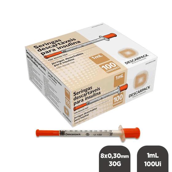 Seringa descartável 8.0 x 0.30 30g 100 ui 1ml 100 unidades descarpack Menor preço em Seringa descartável 8.0 x 0.30 30g 100 ui 1ml 100 unidades descarpack