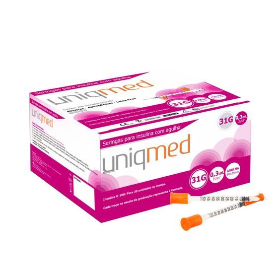 Imagem de Seringa para I nsulina com Agulha 0,3mL 6mmx0,25mm 15/64 x 31G c/100 Uniqmed