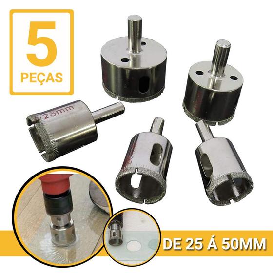 Imagem de Serra Copo Diamantada Kit 5 Peças Profissional Alvenaria Procelanato e Vidro 25 à 50mm Em Aço Cabono