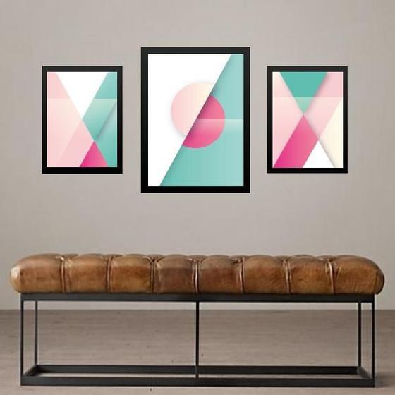 Imagem de Set 3 Quadros Abstratos Verde E Rosa