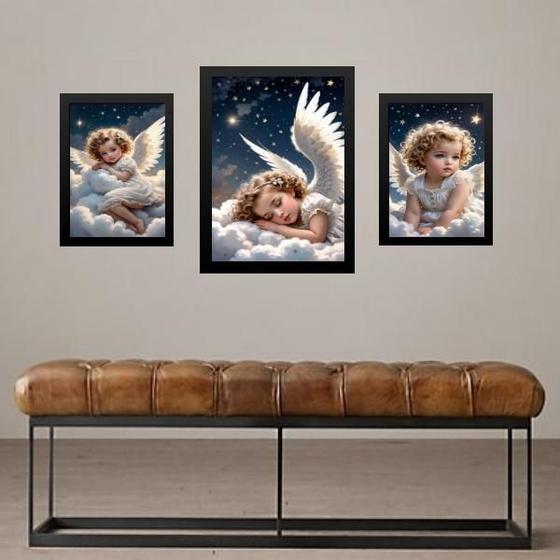 Imagem de Set 3 Quadros Anjinhos Crianças - Com Vidro