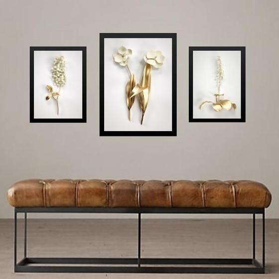 Imagem de Set 3 Quadros Florais Branco Com Dourado - Com Vidro