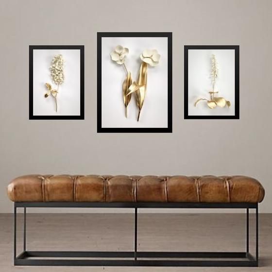 Imagem de Set 3 Quadros Florais Branco Com Dourado