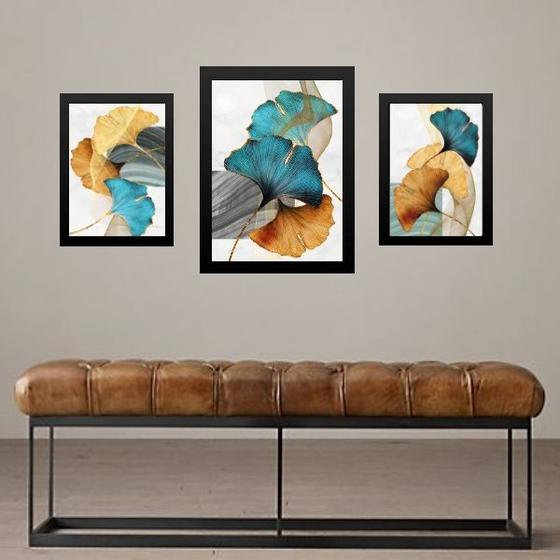 Imagem de Set 3 Quadros Folhas Azul Com Dourado - com vidro