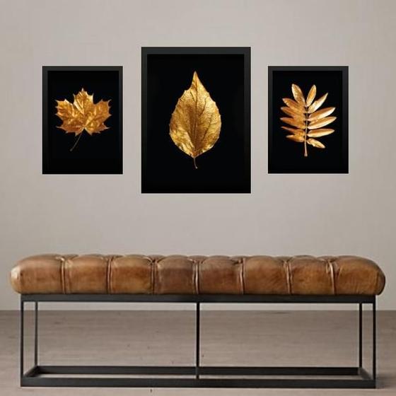 Imagem de Set 3 Quadros Folhas - Preto Com Dourado - Com Vidro