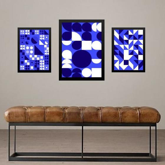 Imagem de Set 3 Quadros Geométricos Azul e Branco - com vidro